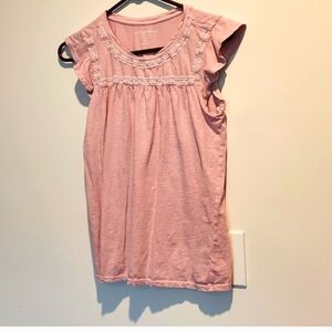 Lucky Brand Applique Ruffled Top Cotton Knit, Light Pink, Womens Size Small